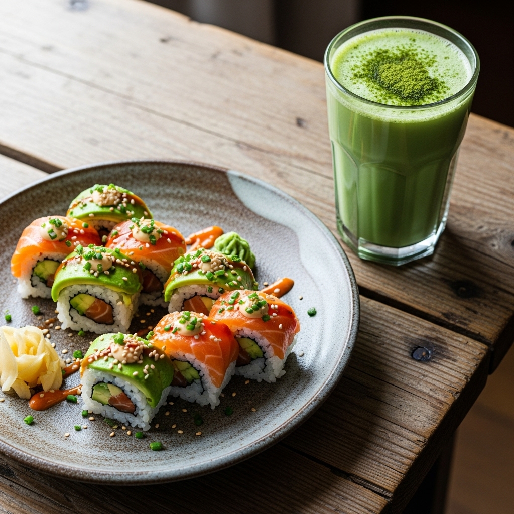 Michelin-Star Japanese Brunch: Spicy Salmon Avocado Rolls with Matcha Green Tea Smoothie