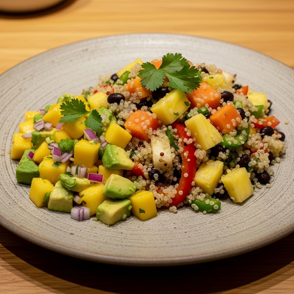 Delectable Caribbean Vegan Dinner Featuring Mango Avocado Salsa and Tropical Quinoa Salad