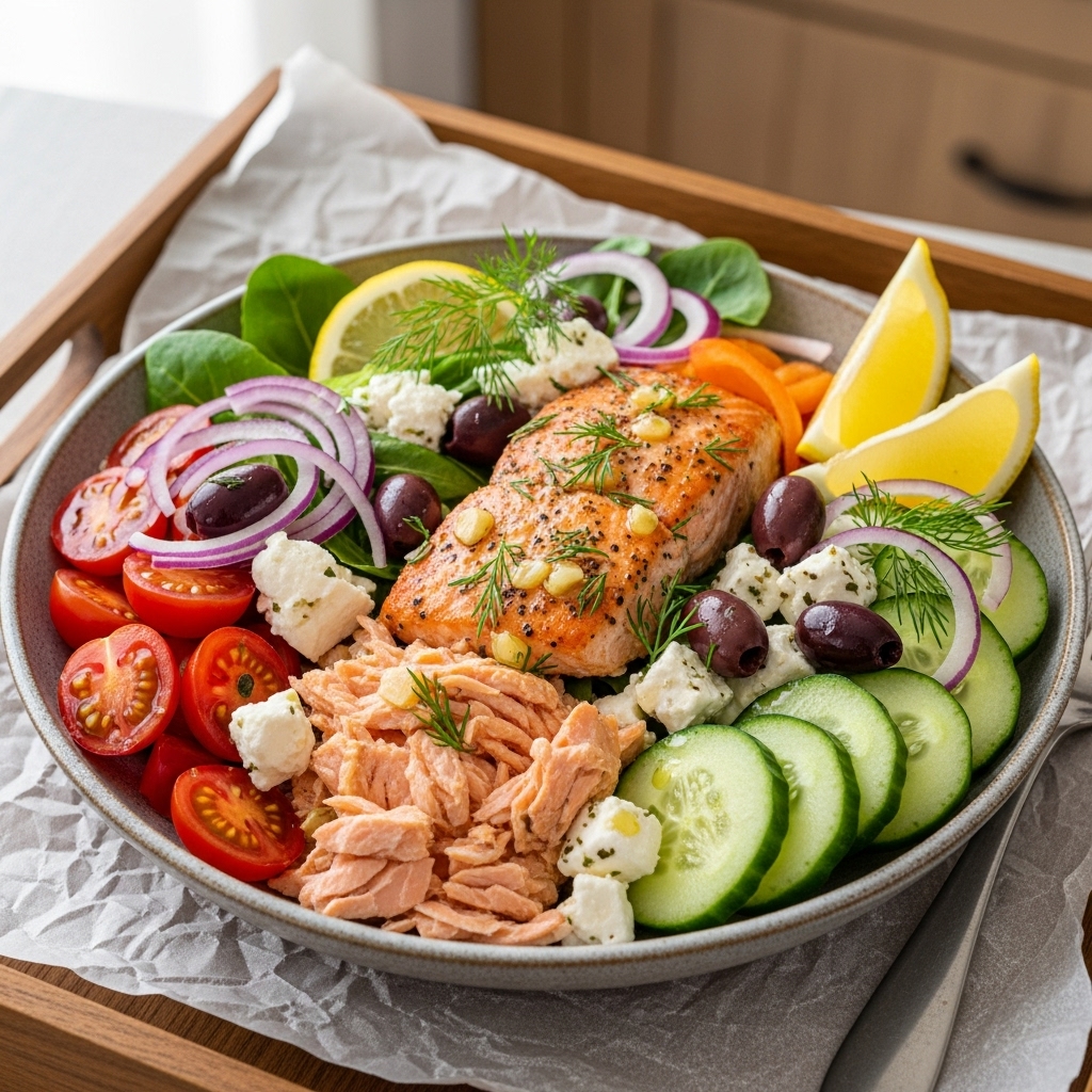 Vibrant Mediterranean Salmon Salad Bowl with Lemon Herb Dressing