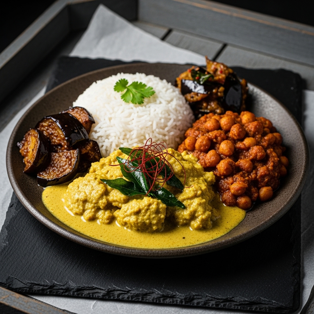 Sri Lankan Vegan Coconut Curry Feast: Aromatic Rice, Eggplant Moju, and Spiced Chickpea Stew