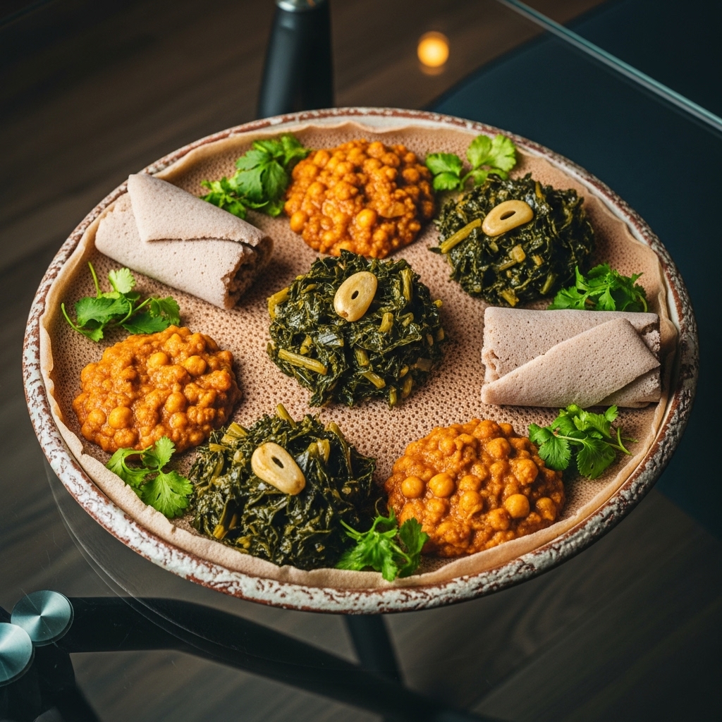 Gomen Ethiopian Vegetarian Injera with Shiro and Gomen | CookJunkie