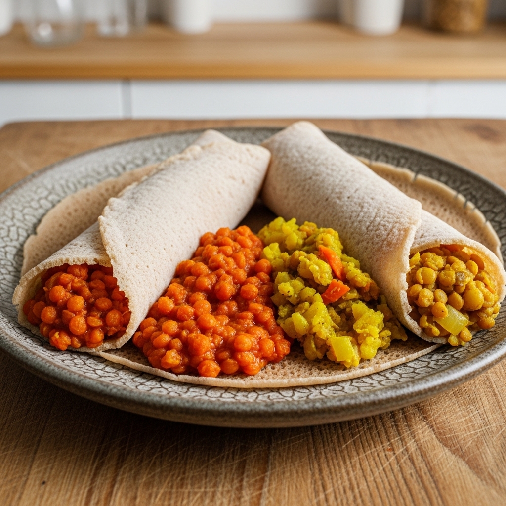 Ethiopian Vegetarian Injera Wraps with Lentil Stew and Atkilt