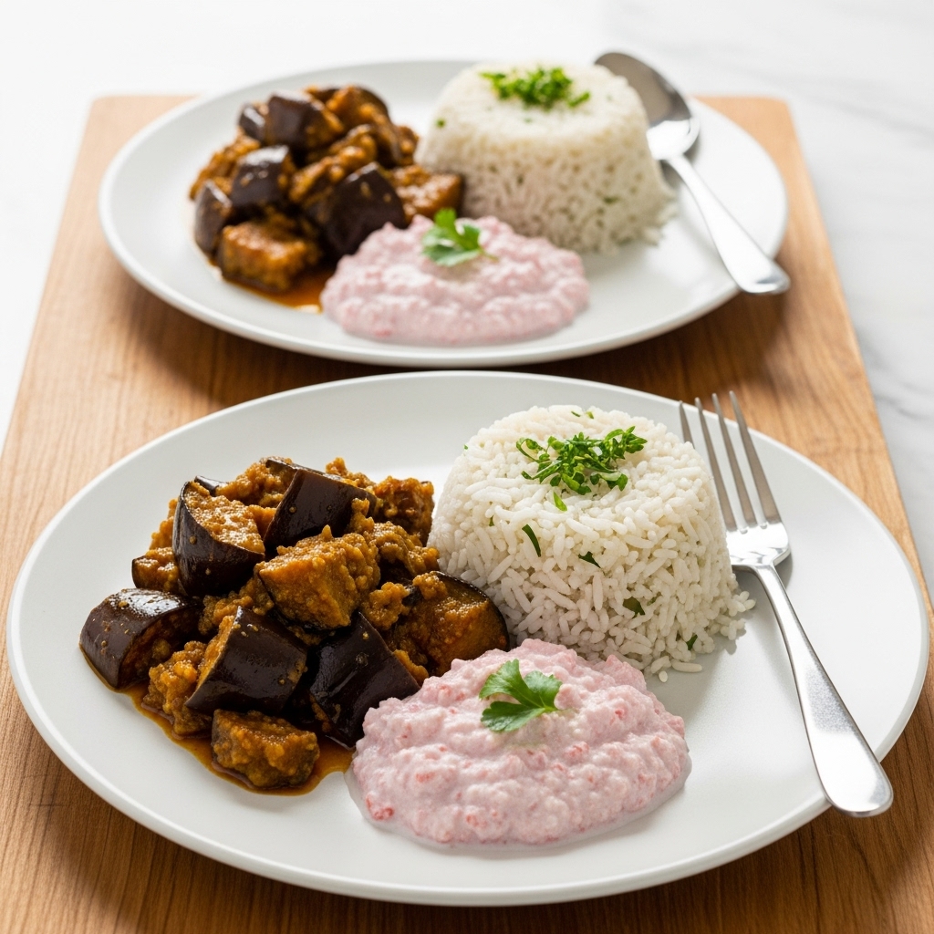 Aromatic Sri Lankan Vegetarian Dinner for Two: Eggplant Curry, Coconut Sambol, and Herbed Rice with a Twist