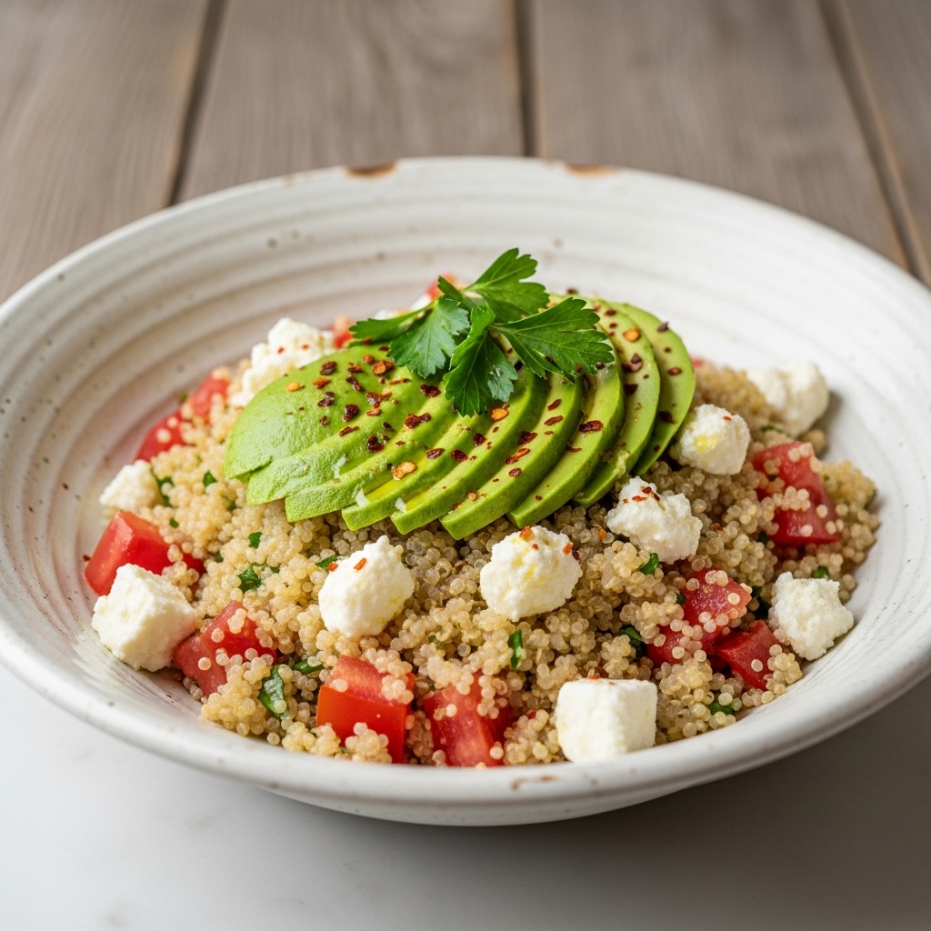 Mediterranean Quinoa Bowl with Avocado, Tomatoes, and Feta – Vegetarian Chilean Breakfast