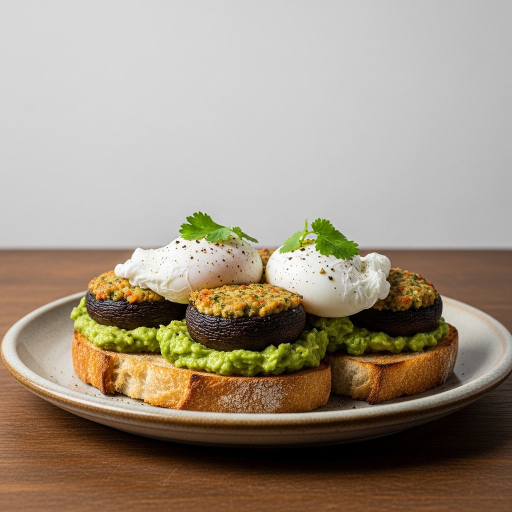 Vegetarian New Zealand Brunch Delight: Aromatic Stuffed Mushrooms with Smashed Avocado and Poached Eggs on Toasted Sourdough Bread
