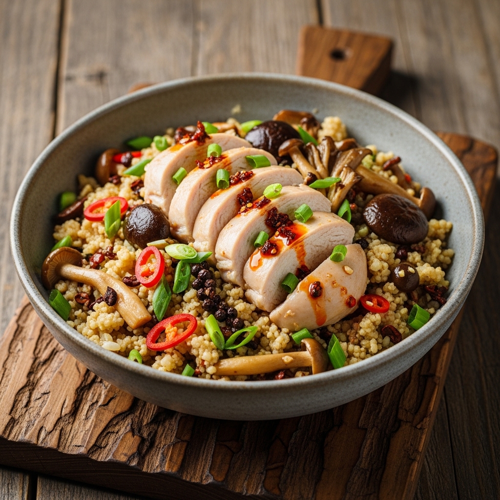 Paleo Chinese Snack: Szechuan Spicy Cauliflower “Rice” Bowl with Steamed Chicken and Mushrooms