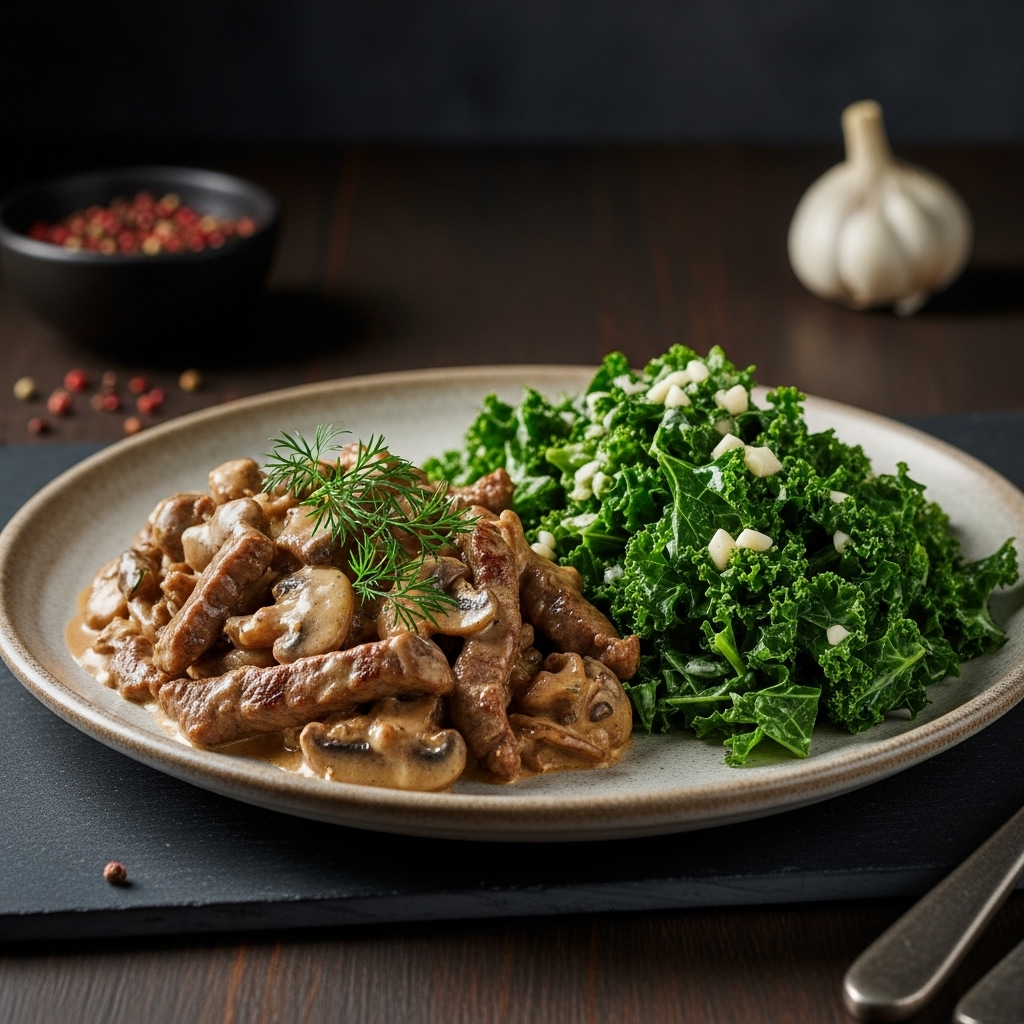 Russian Lunch: Hearty Beef Stroganoff and Garlicky Creamed Kale Salad
