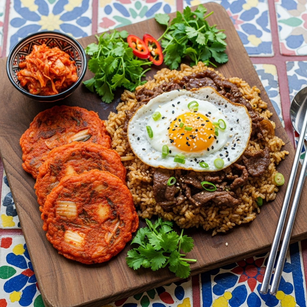Korean Bulgogi Fried Rice with Kimchi Pancakes | CookJunkie