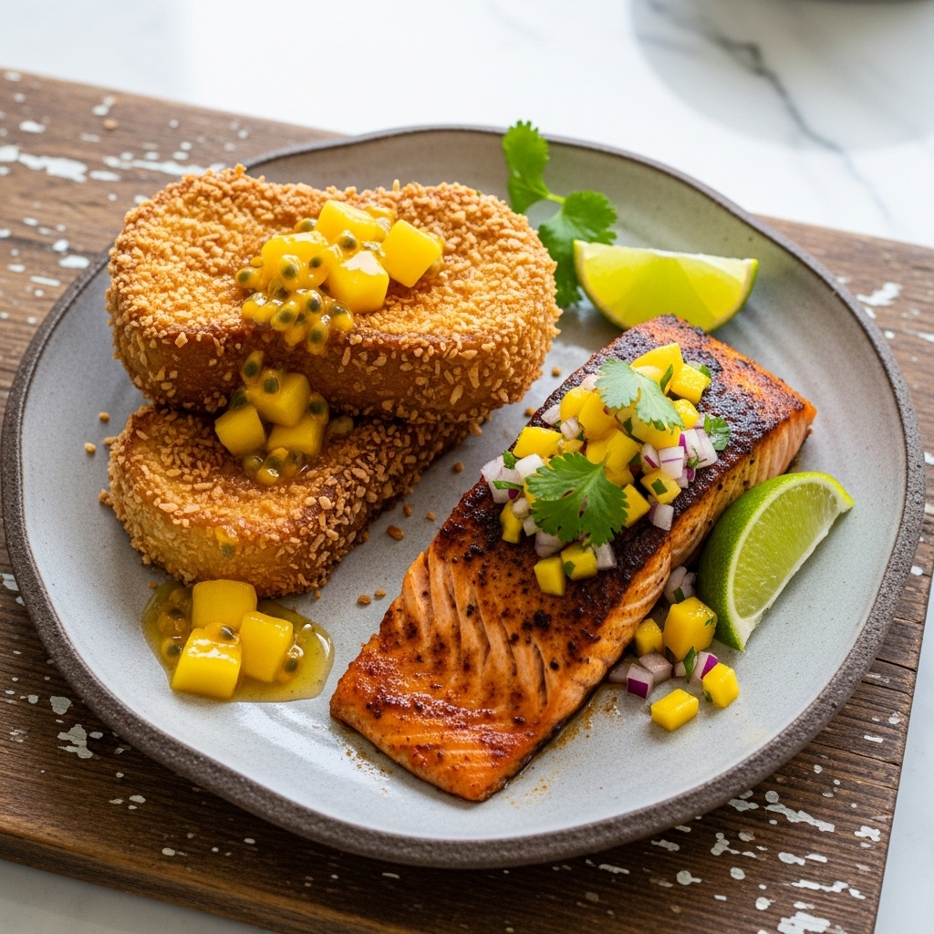 Tropical Gluten-Free Caribbean Brunch with Coconut Crusted French Toast & Jerk Salmon