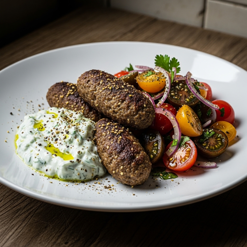 Zaatar-Spiced Lamb Kofta with Paleo Tzatziki Sauce and Tomato Salad