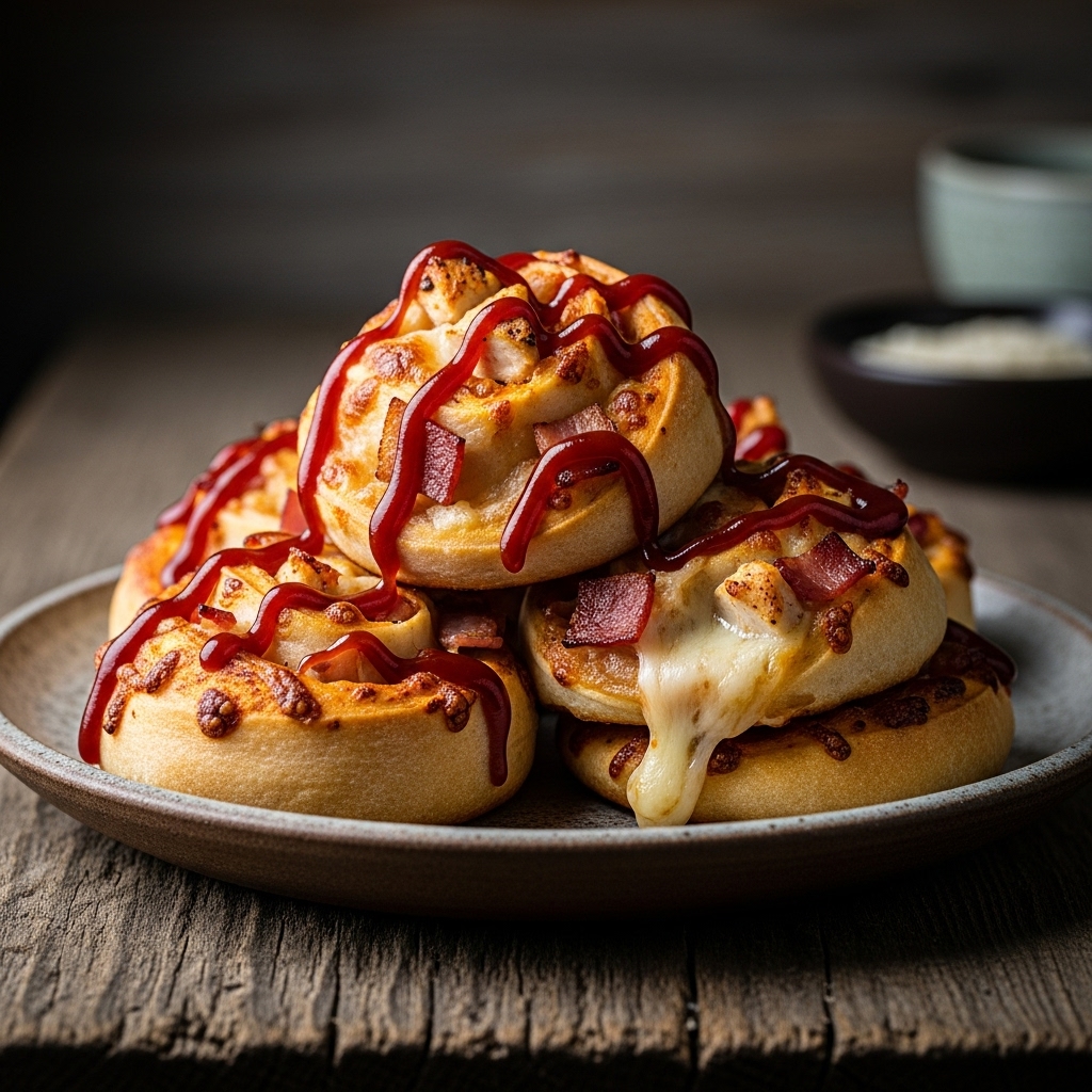 Stacked BBQ Chicken Bacon Pizza Rolls
