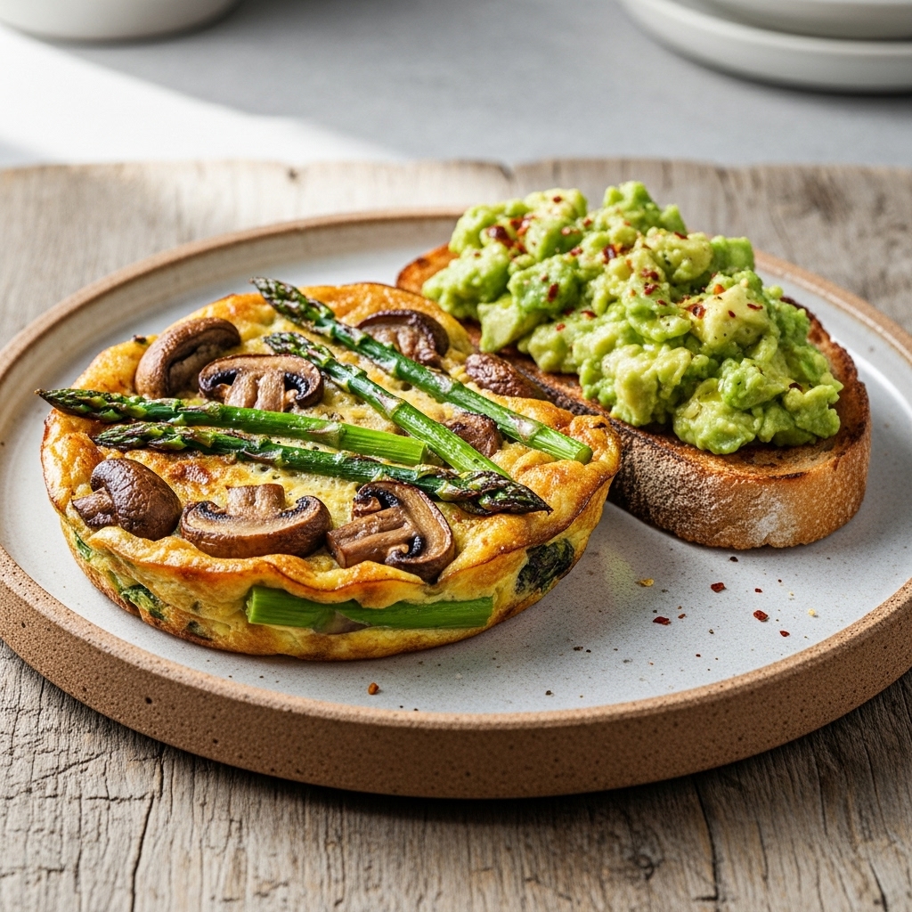 Elevated Vegan New Zealand Breakfast: Mushroom and Asparagus Frittata with Smashed Avocado on Toast