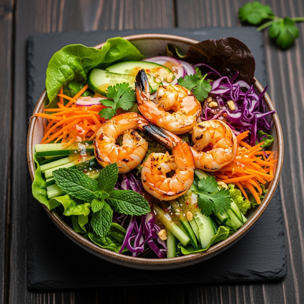 Vibrant Vietnamese Salad Bowl with Grilled Shrimp and Zesty Dressing