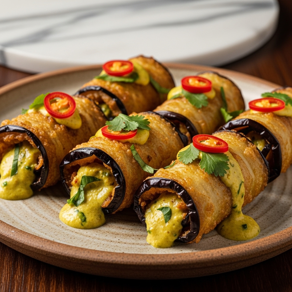 Crispy Eggplant Rolls Stuffed with Coconut Curry – A Heavenly Vegetarian Sri Lankan Snack