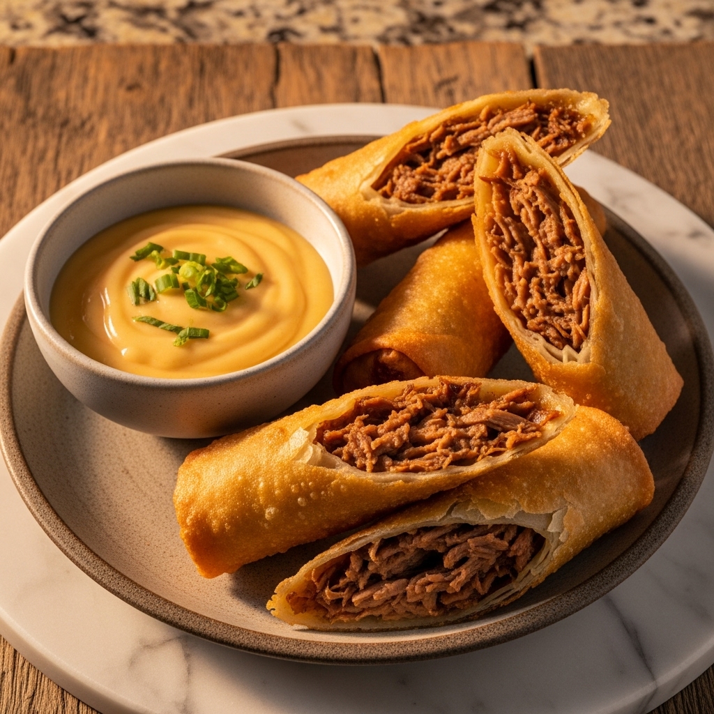 Filipino Pork Adobo Spring Rolls with Creamy Mango Dipping Sauce