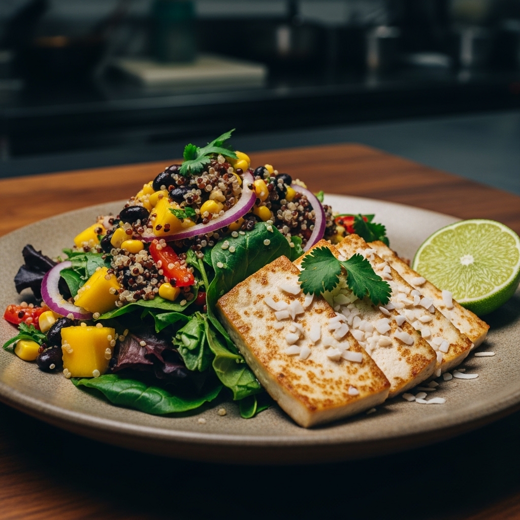 Exquisite Caribbean Vegan Lunch: Island-Style Quinoa Salad & Coconut Lime Tofu