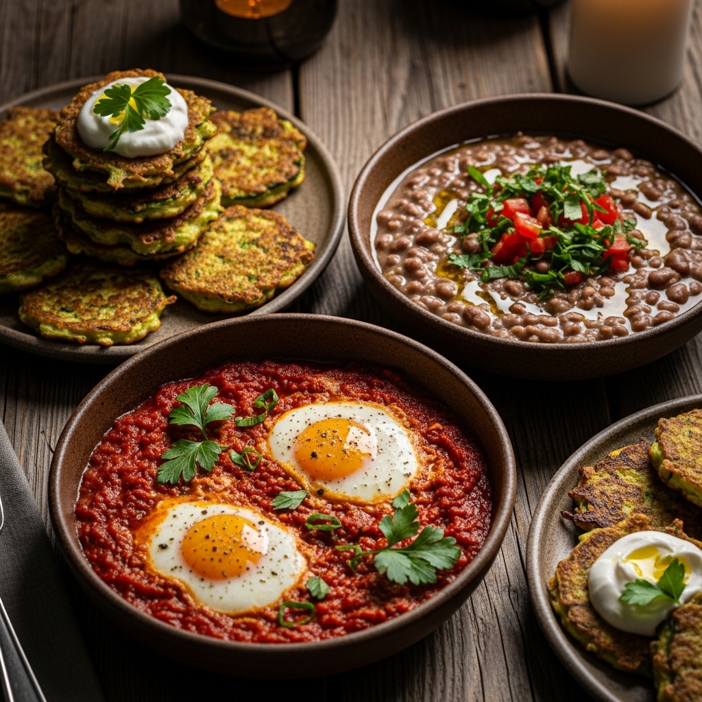 Authentic Lebanese Brunch Feast: Shakshuka, Ful Medames, and Zucchini Fritters
