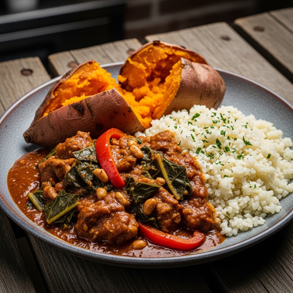 Scrumptious Paleo-Friendly Ghanaian Lunch – Spicy Peanut Stew with Cauliflower Rice & Baked Sweet Potato