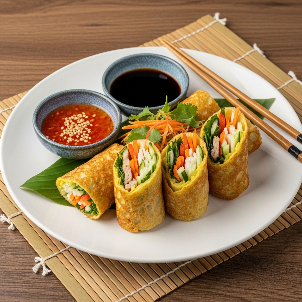 Vegan Vietnamese Breakfast Banh Xeo Rolls with Spicy Dipping Sauce – Crispy Crepe Delight!