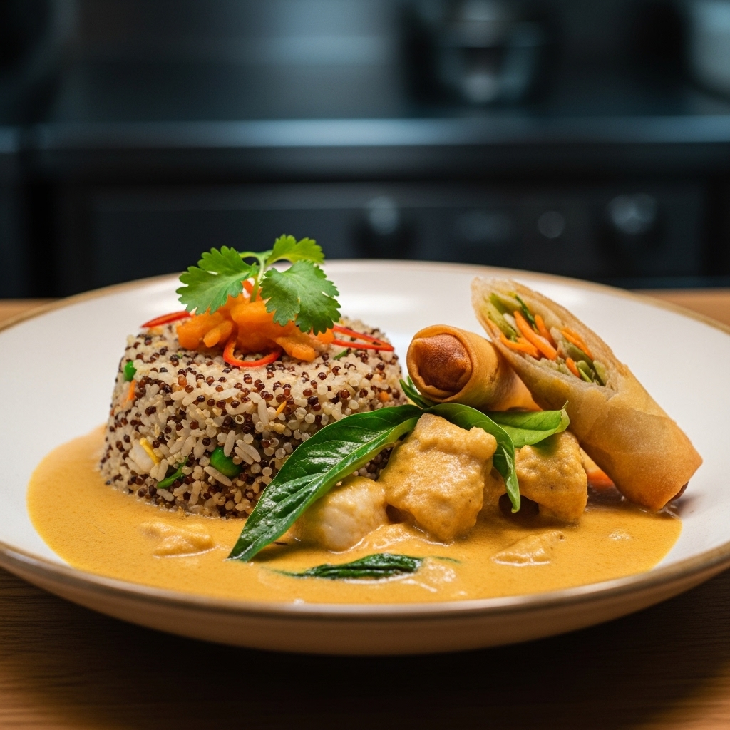Mouthwatering Thai Green Curry Chicken with Coconut Rice and Crispy Spring Rolls