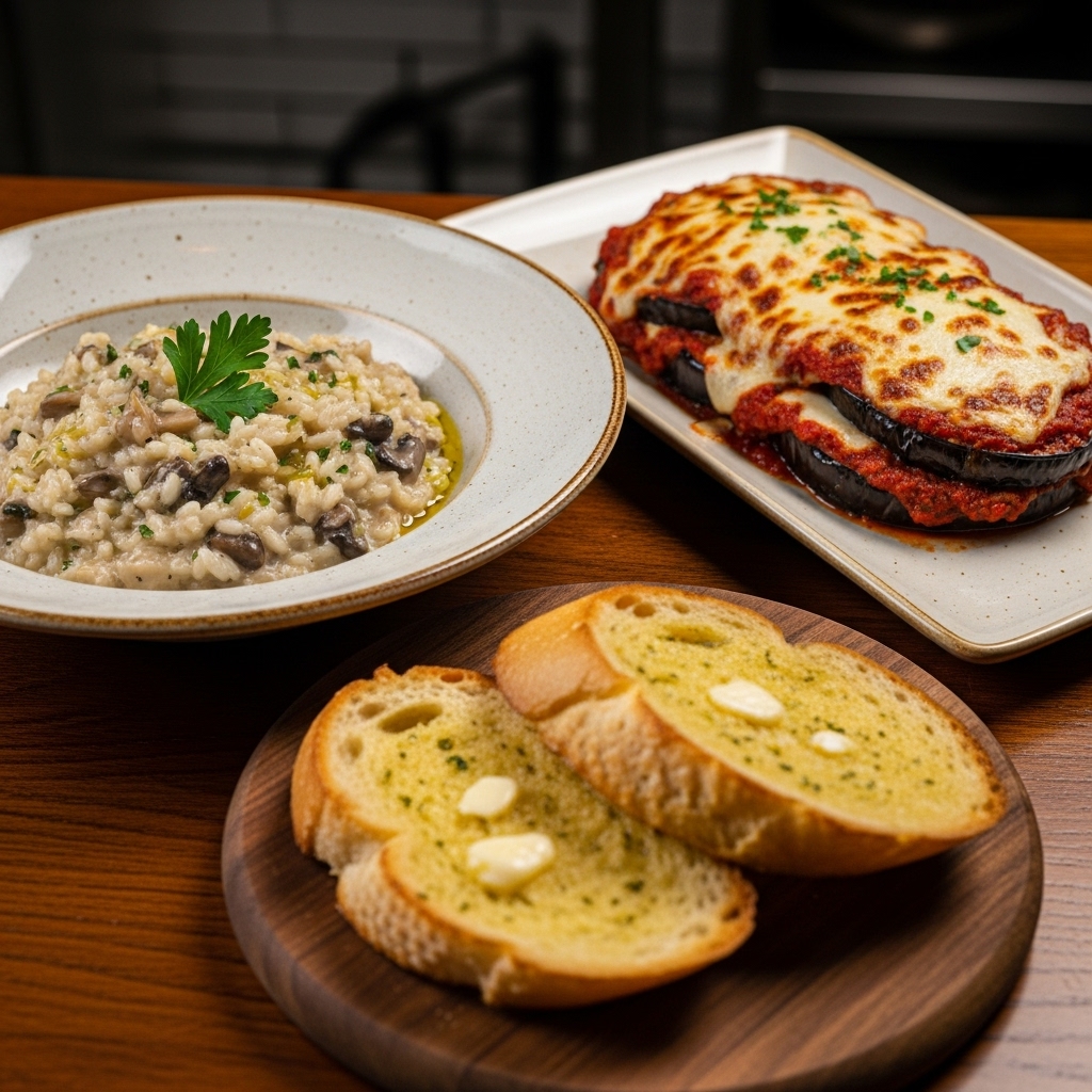 Vegetarian Italian Dinner: Mushroom Risotto & Eggplant Parmigiana with Garlic Bread
