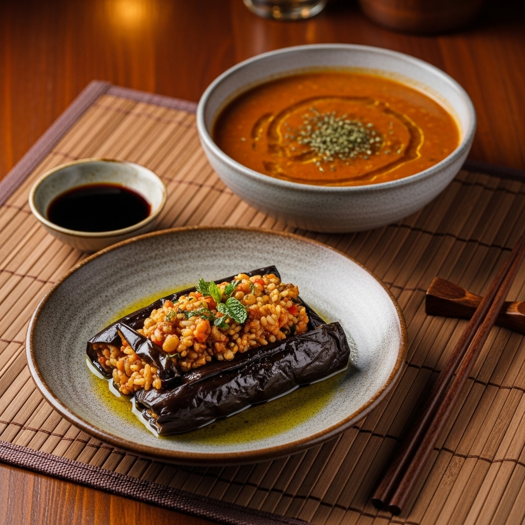 Mouthwatering Vegan Turkish Dinner: Eggplant Dolma & Lentil Soup