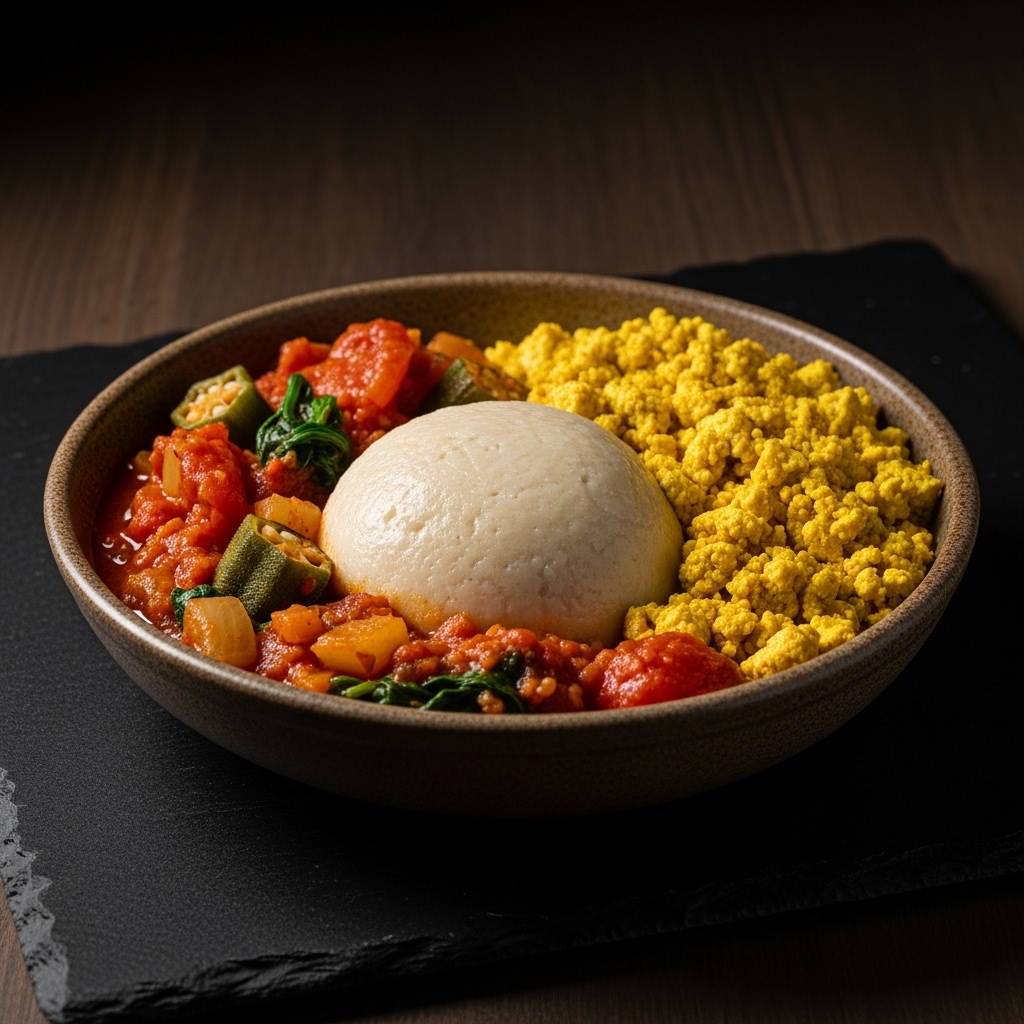 Vegan Ghanaian Fufu Breakfast Bowl with Mixed Vegetable Stew and Tofu Scramble
