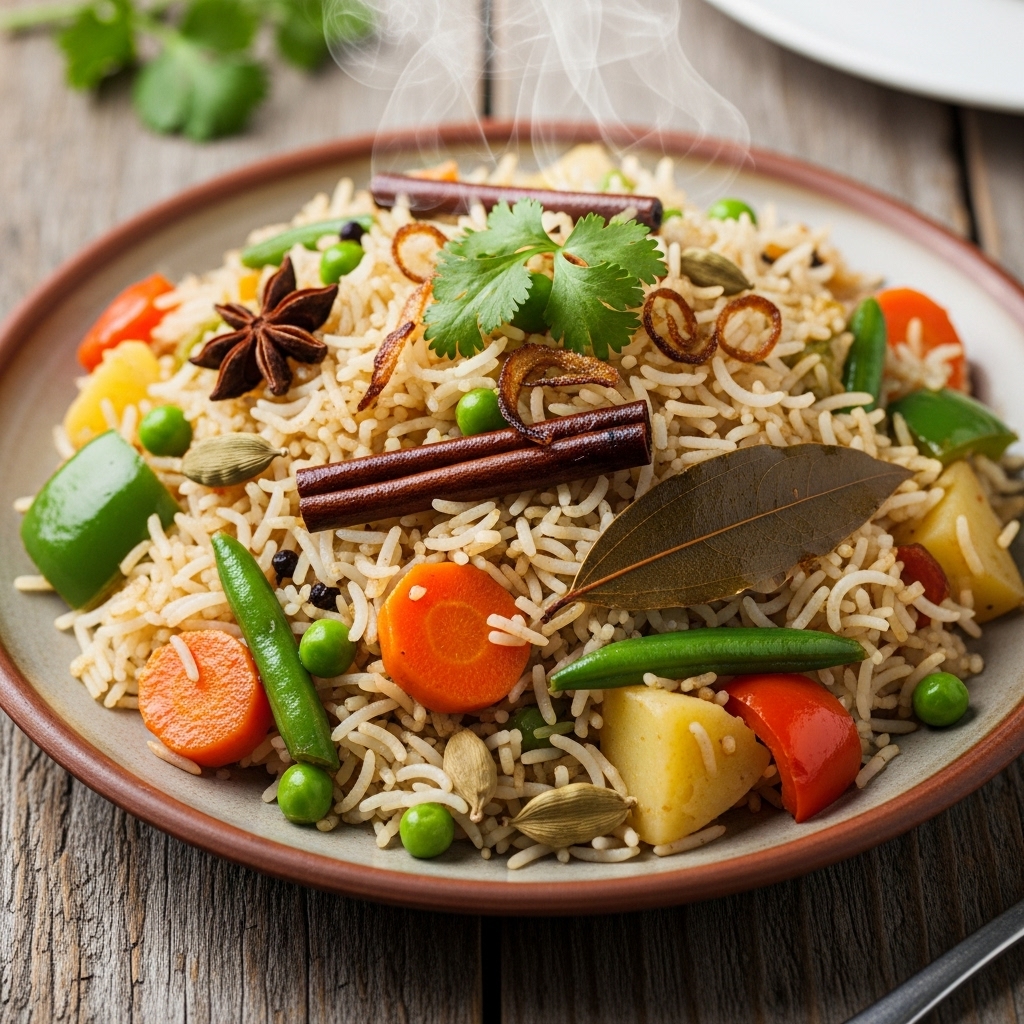 Aromatic Pakistani Vegetarian Pulao with Mixed Seasonal Vegetables