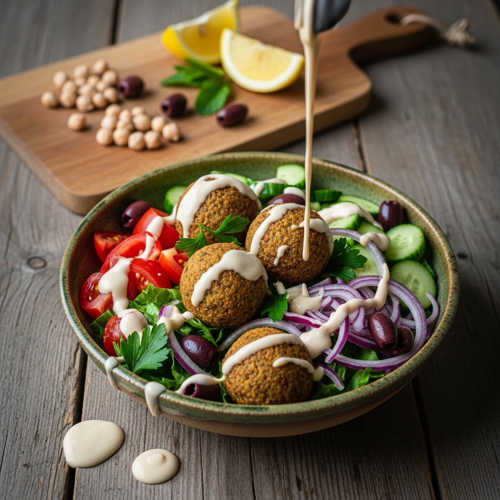 Delightful Israeli Lunch: Gluten-Free Falafel Salad Bowl with Creamy Tahini Dressing