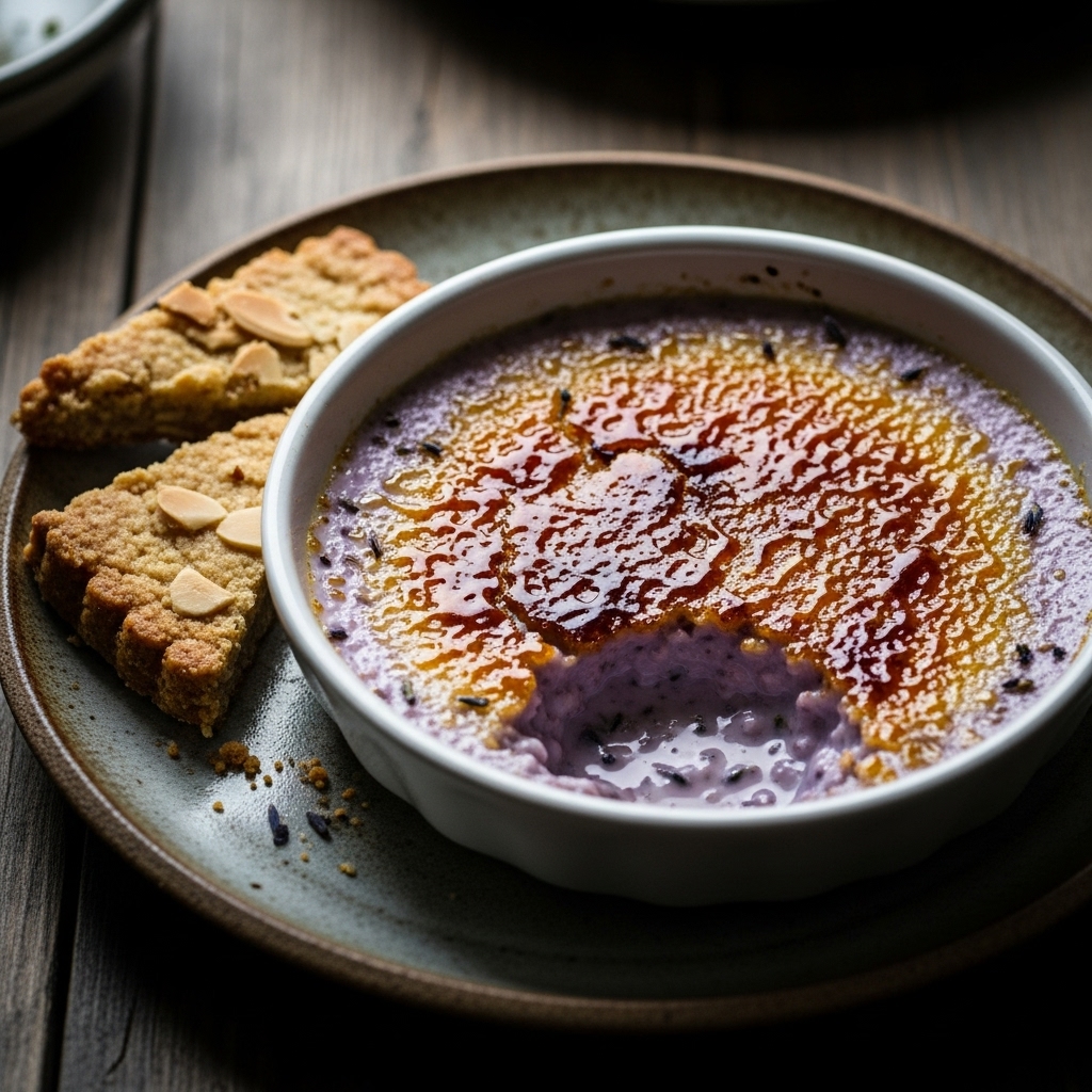 Keto French Lavender Crème Brûlée with Almond Shortbread