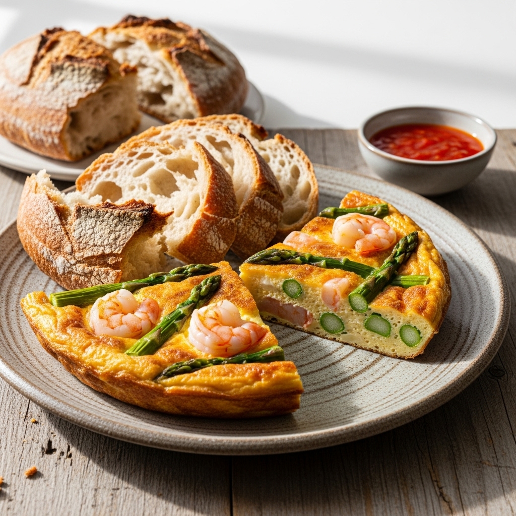 Portuguese Brunch Delight: Delectable Shrimp and Asparagus Frittata with Crusty Bread