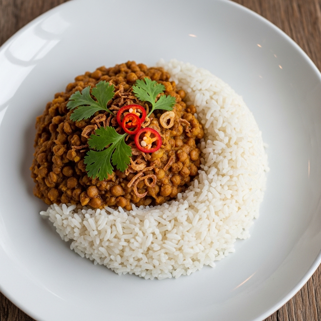 Exquisite Vegetarian Indonesian Brunch: Savor the Taste of Javanese Lentil Curry & Coconut Rice