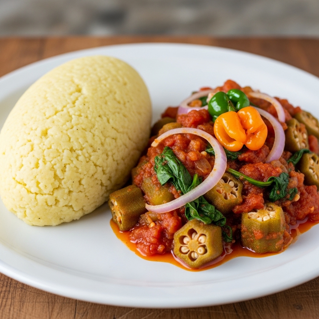 Vegetarian Nigerian Lunch: Eba and Vegetable Stew Delight