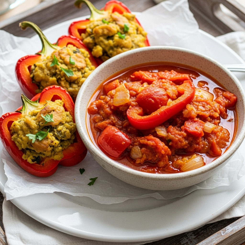 Ghanaian Vegetarian Feast: Mouthwatering Red Pepper Stew & Plantain-Stuffed Peppers