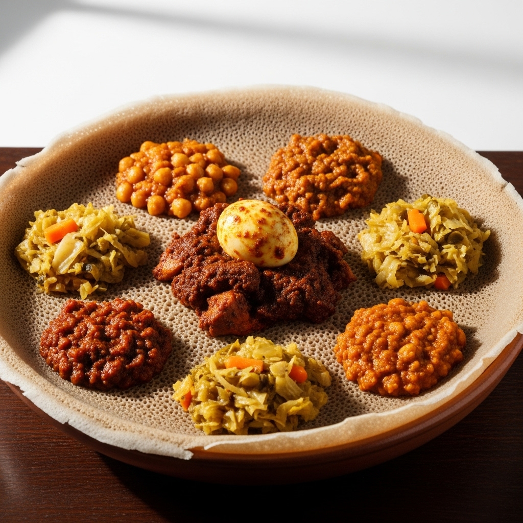 Ethiopian Injera Bowl: Spicy Berbere Chicken, Shiro Stew & Atkilt Wot