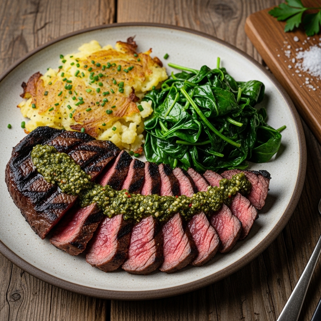 Argentinian Lunch Delight: Grilled Chimichurri Steak with Smashed Potatoes and Sautéed Spinach