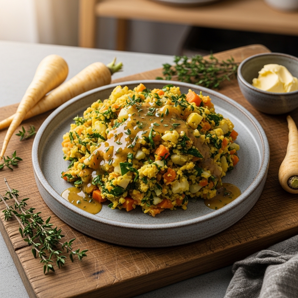 Mouthwatering Dutch Vegetarian Lunch: Stamppot with Seasonal Root Vegetables and Herbed Brown Butter Sauce