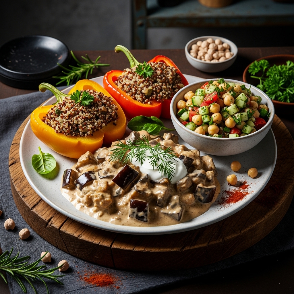 Sumptuous Israeli Vegan Dinner Feast: Creamy Aubergine Stroganoff, Quinoa-Stuffed Peppers & Chickpea Salad