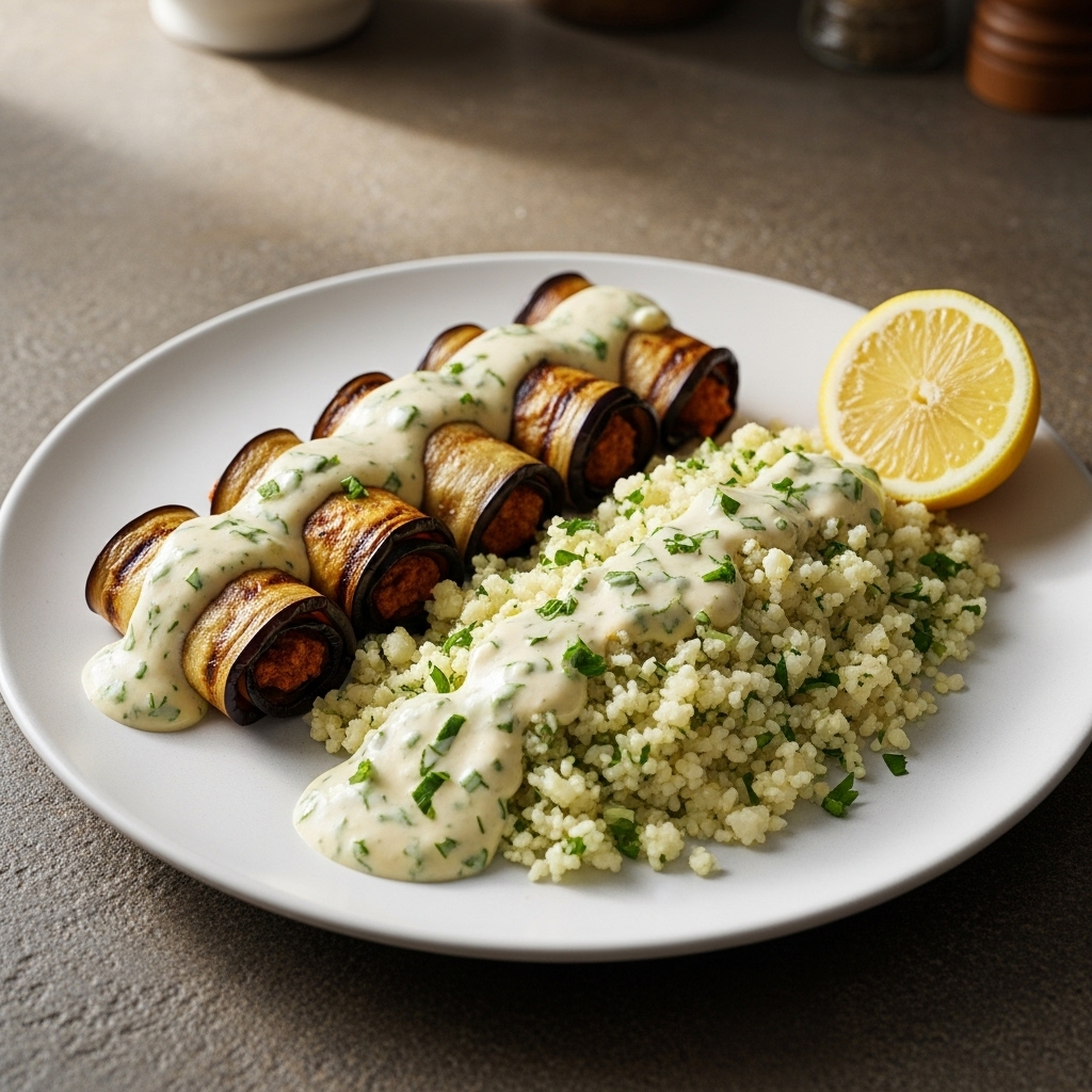 Lebanese Vegetarian Delight: Spiced Eggplant Rolls with Cauliflower Rice & Lemon-Herb Tahini Sauce