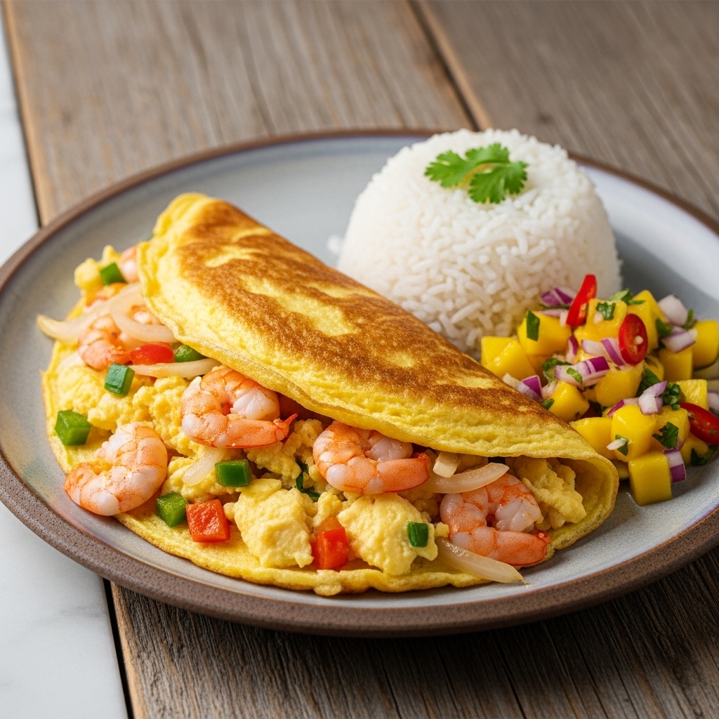 Keto Thai Shrimp Omelette with Coconut Rice and Spicy Mango Salsa