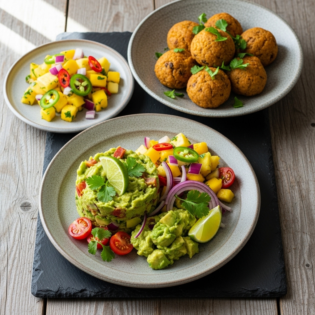 Exquisite Vegan Venezuelan Dinner: Mouthwatering Guacamole Salad, Hearty Black Bean Puffs & Tropical Fruit Salsa