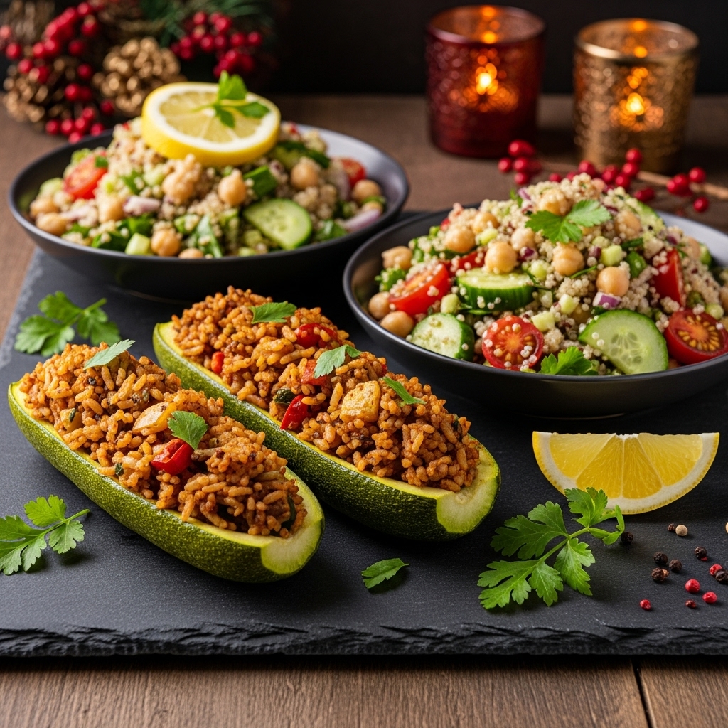 Egyptian-Inspired Vegetarian Feast: Stuffed Zucchini Boats & Chickpea & Quinoa Salad