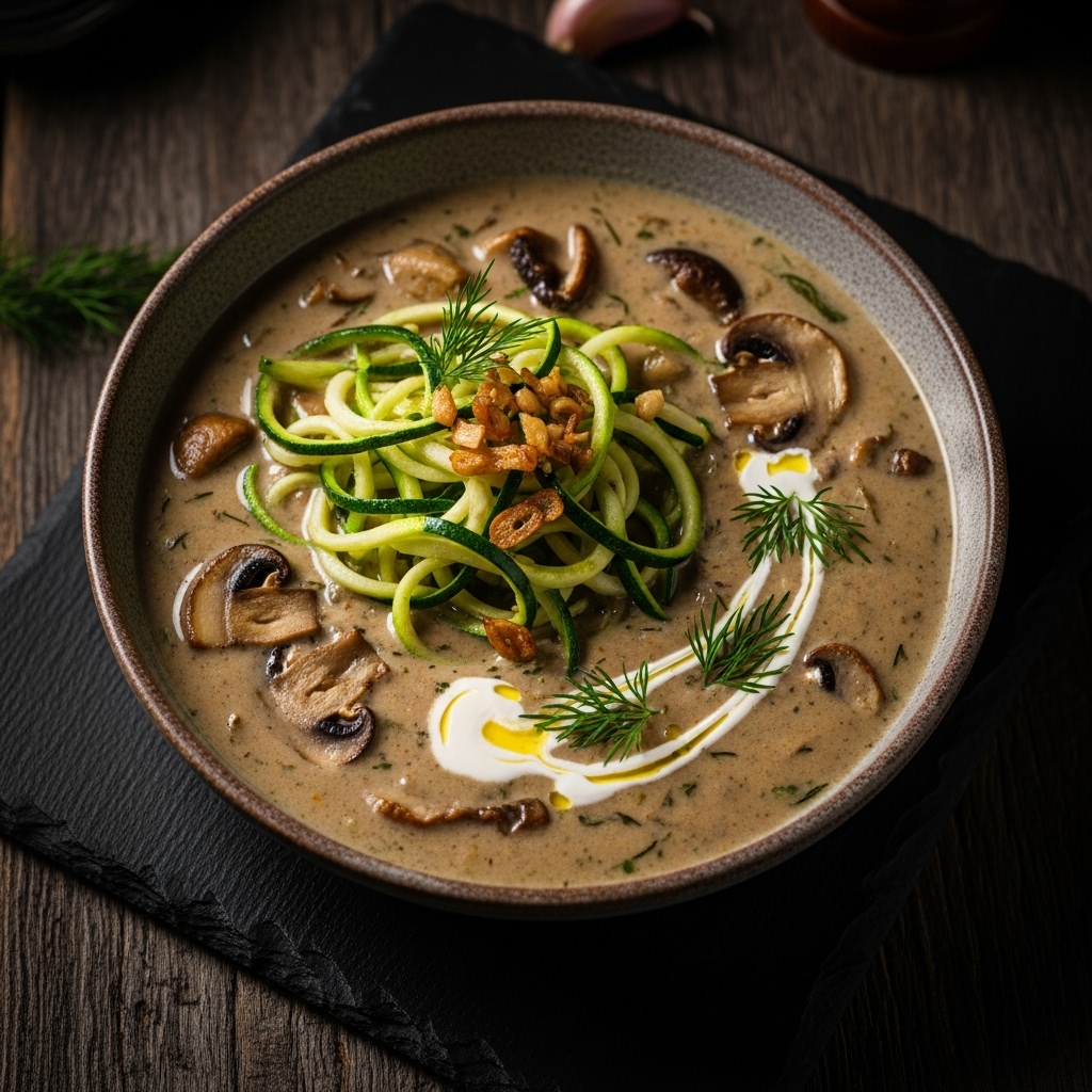 Keto Creamy Polish Mushroom Soup with Sautéed Garlic Zucchini Noodles