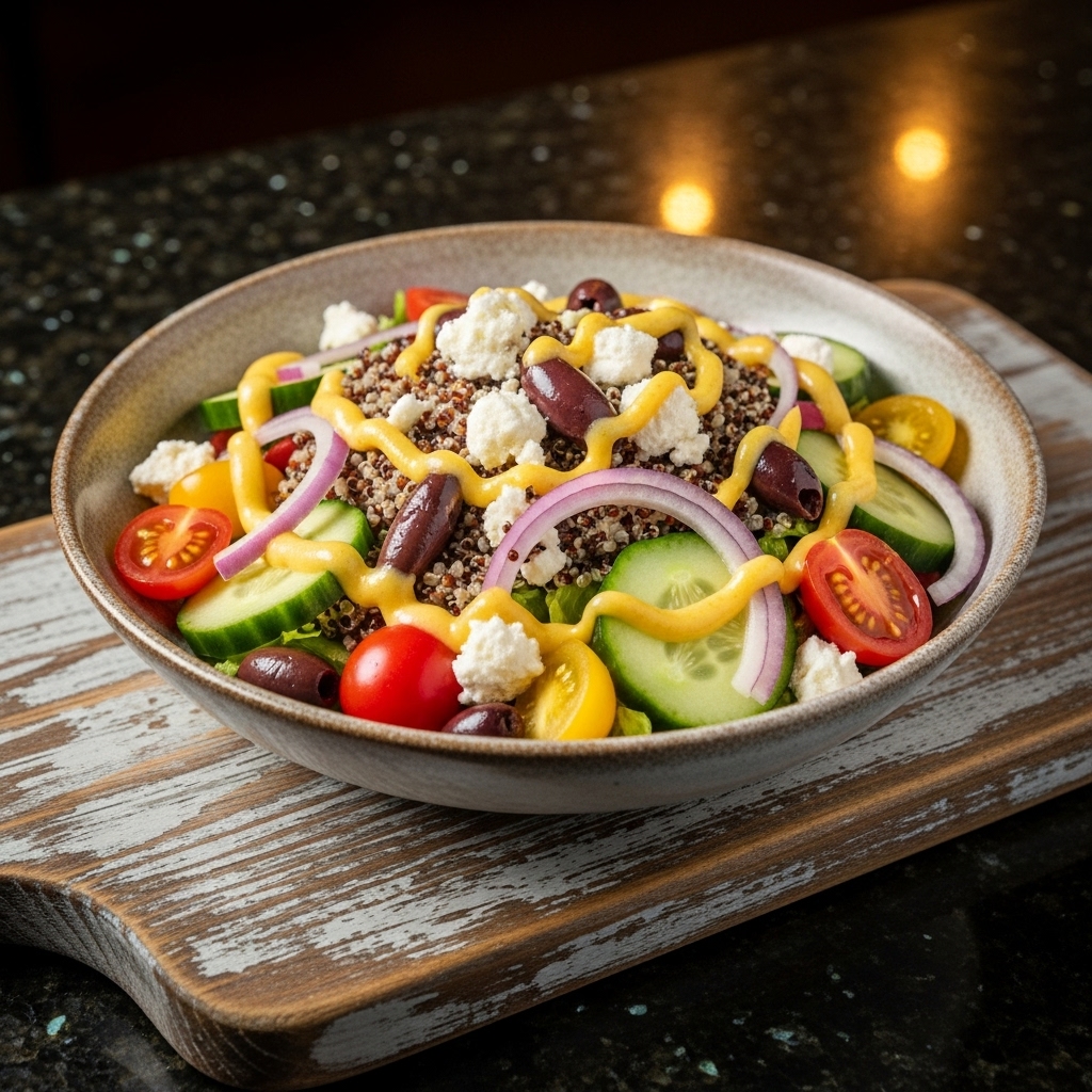 Vibrant Greek Salad with Quinoa & Lemon Tahini Dressing