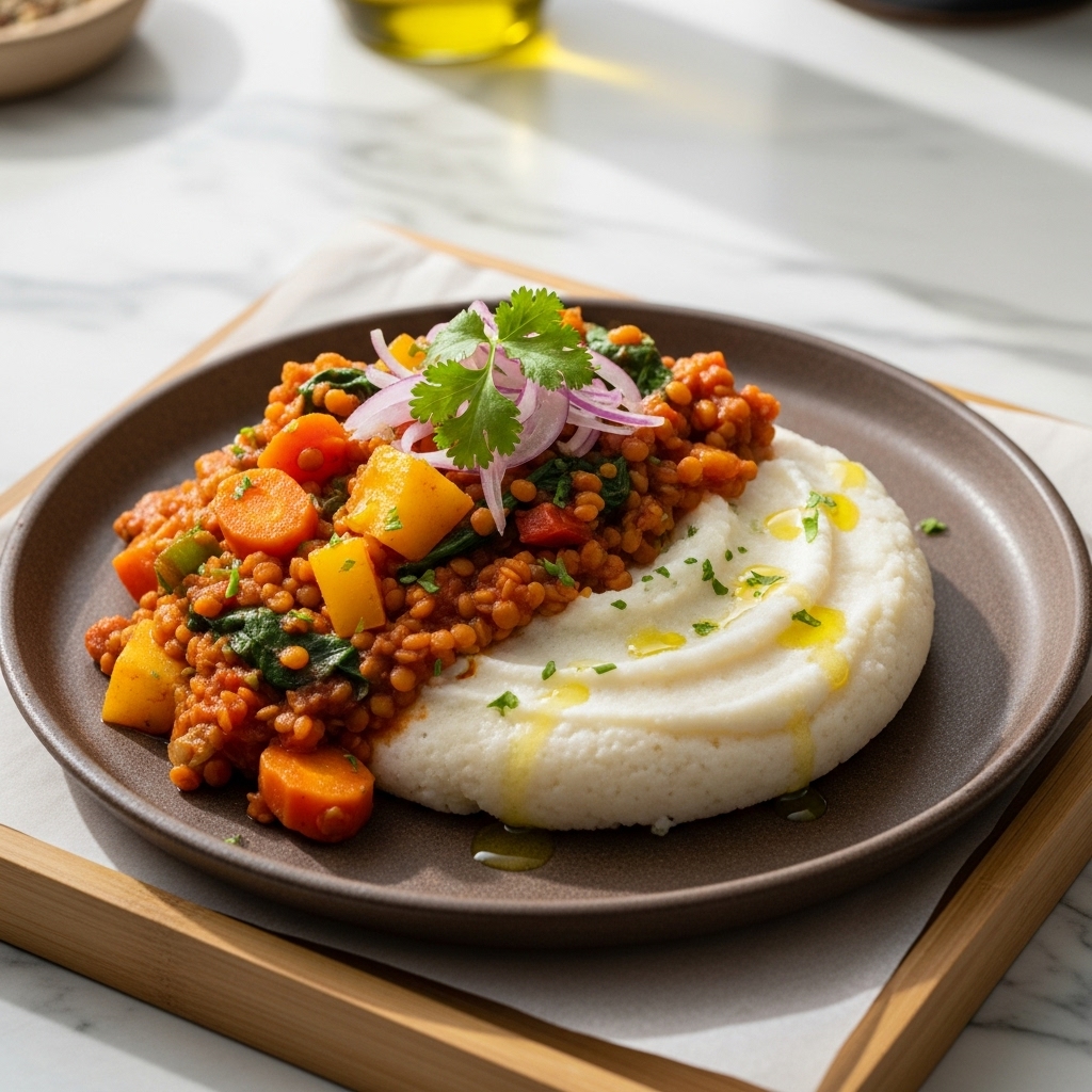 Sumptuous Kenyan Vegan Lentil Stew Served Over Creamy Ugali – A Wholesome and Nutritious Meal