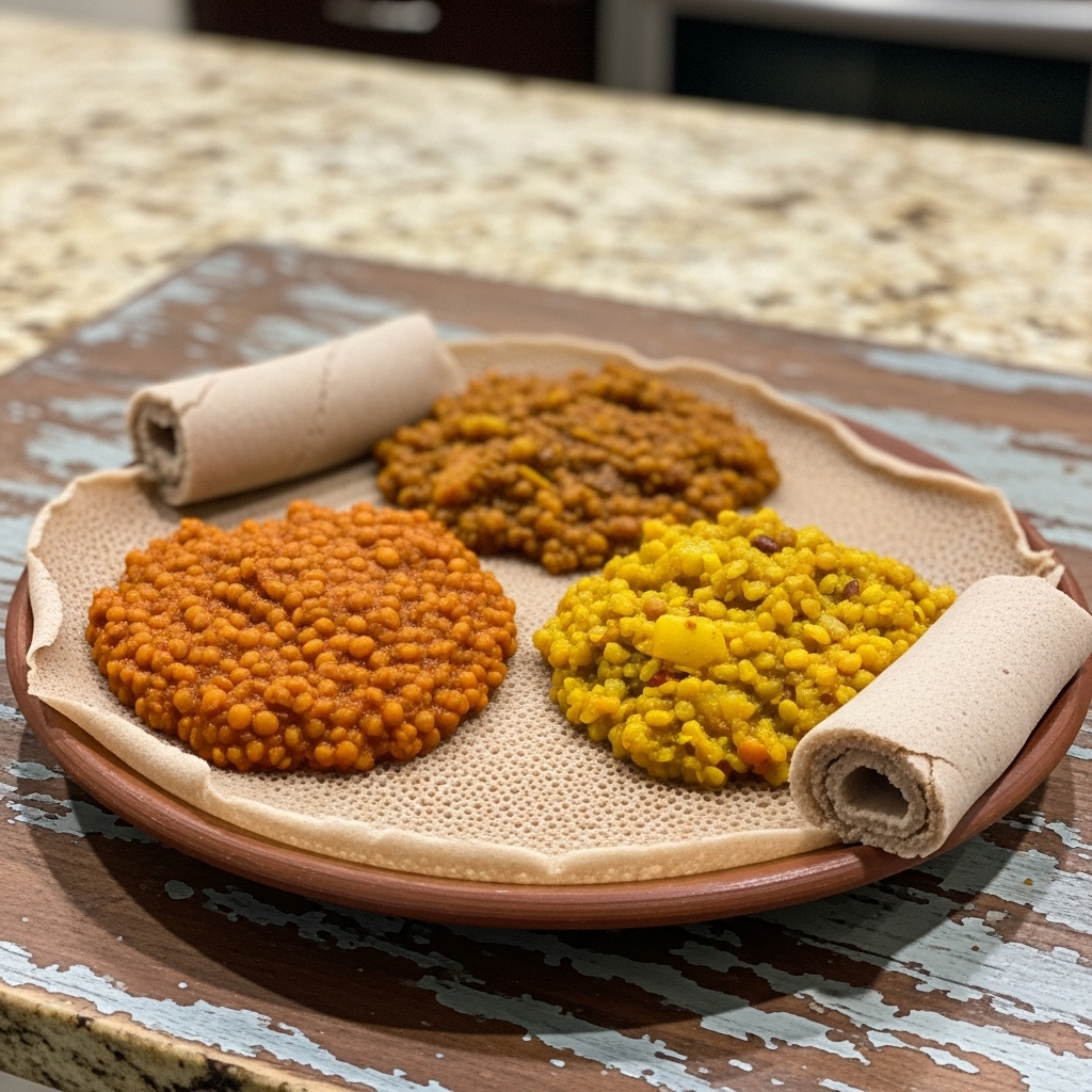 Ethiopian Dinner for Two: Tikibo and Atkilt Wot with Injera Bread