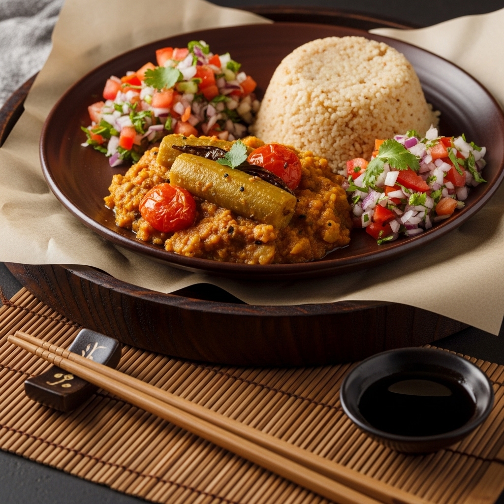 Cinematic Kenyan Vegetarian Feast: Succulent Matoke Stew, Spiced Ugali, and Kachumbari Salad