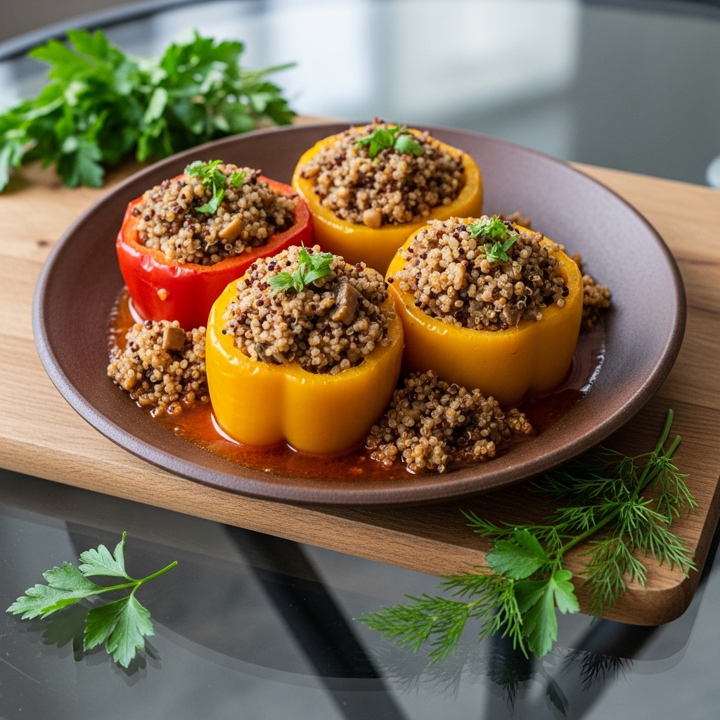 Aromatic Vegan Hungarian Lunch: Mushroom-Stuffed Bell Peppers with Quinoa