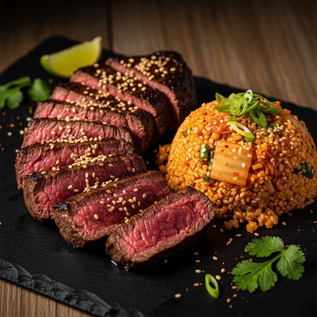 Keto Korean BBQ Beef Steak with Kimchi-infused Cauliflower Rice