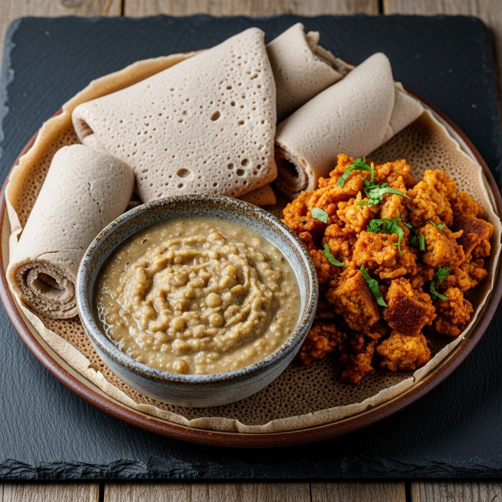 Ethiopian Breakfast Platter: Injera, Shiro Stew, and Fit-Fit